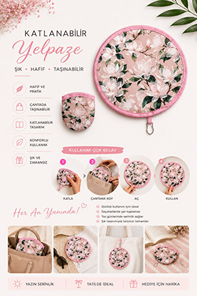 AGAPI Katlanabilir Pembe Çiçek Desenli Yelpaze – Taşınabilir Mini El Yelpazes...