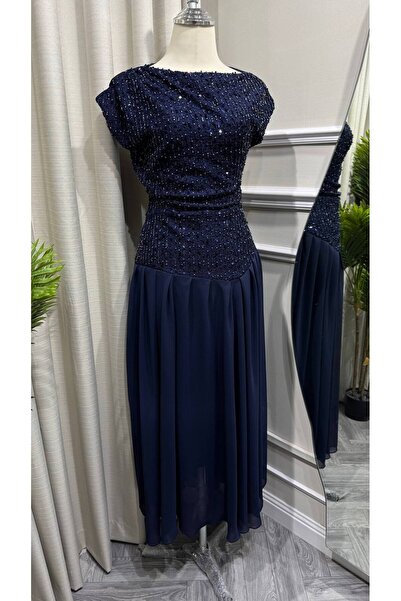 Jood Off Shoulder Midi Evening Dress with Glittering Embroidery