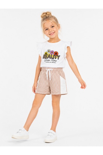 mini kanka 3-10 Years Old Girls' Floral Printed Ruffle Sleeve White T-Shirt S...