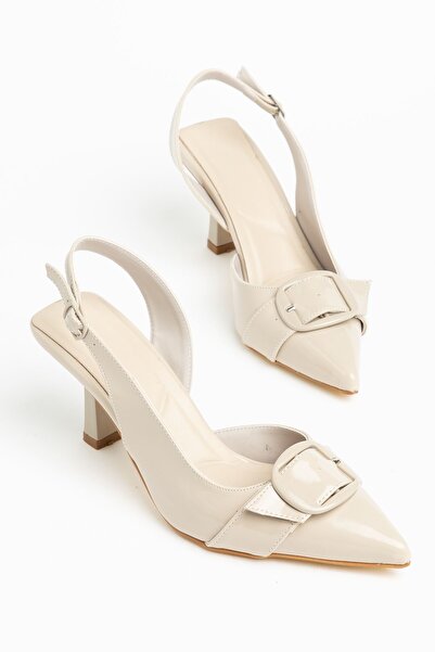 Moda Eleysa Jayla Women's Beige Patent Leather Buckle Detailed Thin Heeled Ca...