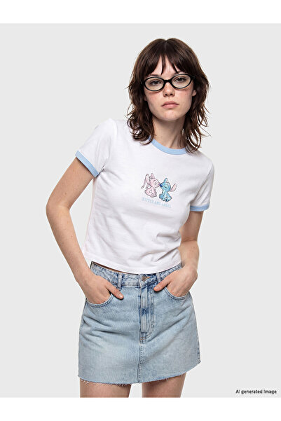 LC Waikiki White Crew Neck T-Shirt with Stitch and Angel Print for Women