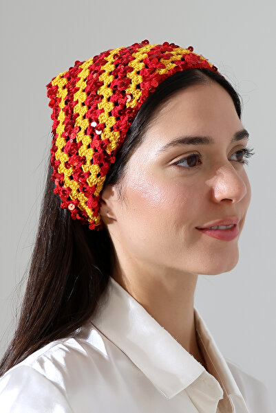 FATMA PULLU İP Yellow Red Sequined Hand Knitted Triangle Bandana – Handmade H...