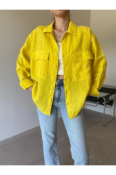 Bade Butik Yellow Double Pocket Raw Linen Shirt