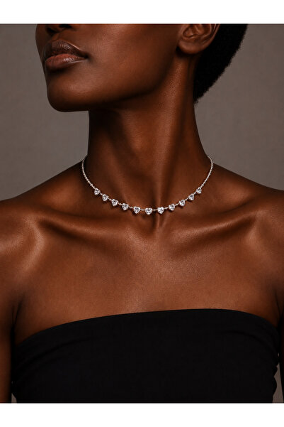Genel Markalar Oréline Heart Silver Zirkon Taşlı Açık Form Sert Choker Kolye