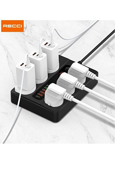 Recci PD+QC UK Plug Power Socket (6 AC Outlets, Type-C + 5 USB Ports)