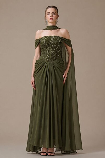 Jood Embroidered Corset Evening Dress with Shawl