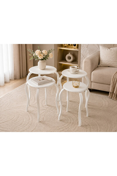 N.zone Set of 4 Round Side Tables in Elegant White Design, Large Table Diamet...