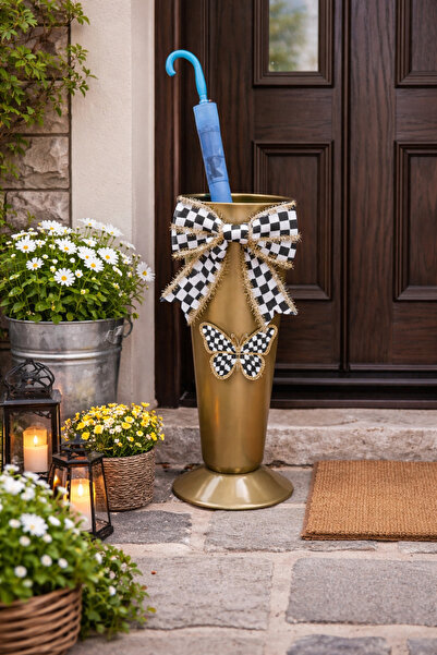 Marrone Checkered Glitter Ribbon Butterfly Mackenzie Model Door Front Ornament