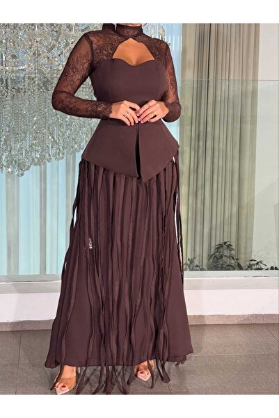 REVE Elegant Brown Dress with Lace Sleeves and a Skirt Adorned with Long Dist...