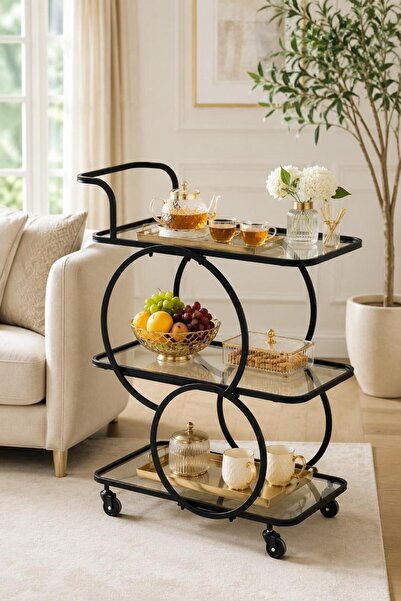 Generic Black Metal Circle Design Serving Trolley with 3 Glass Shelves (90X65...