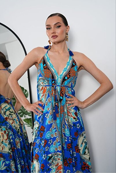 Lady Pixie Ethnic Patterned Backless Slit Long Dress