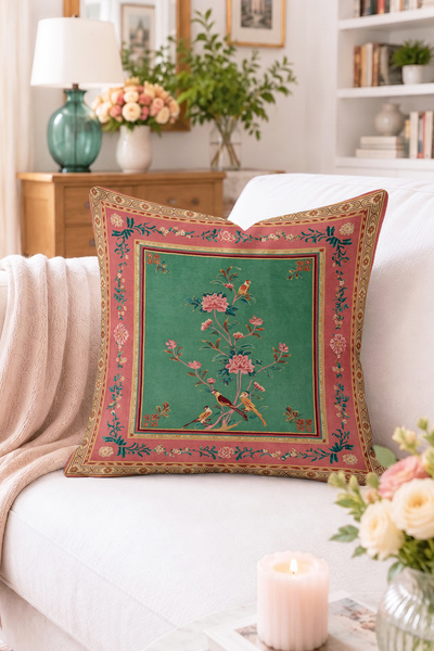 Home Kuş ve Çiçek Desenli Yeşil Zemin Kırlent Kılıfı - Çerçeveli Vintage Deko...