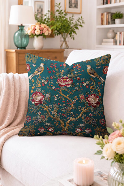 Home Turkuaz Zeminde Kuş ve Çiçek Desenli Kırlent Kılıfı - Vintage Dekoratif ...