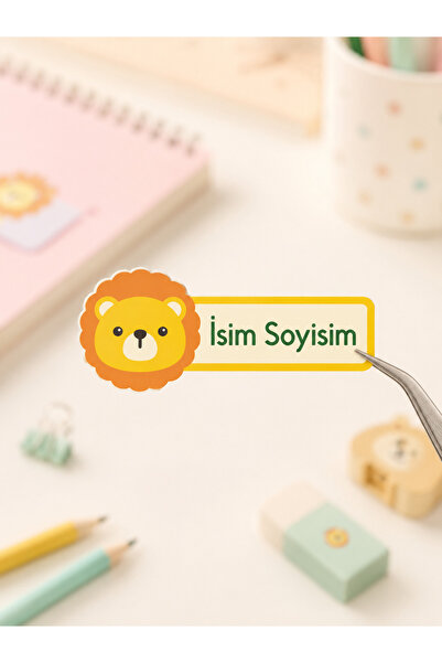 Hayali Çizgili Kişiye Özel İsim Etiketi Sticker Aslan Figürlü 33 Adet A4 Taba...