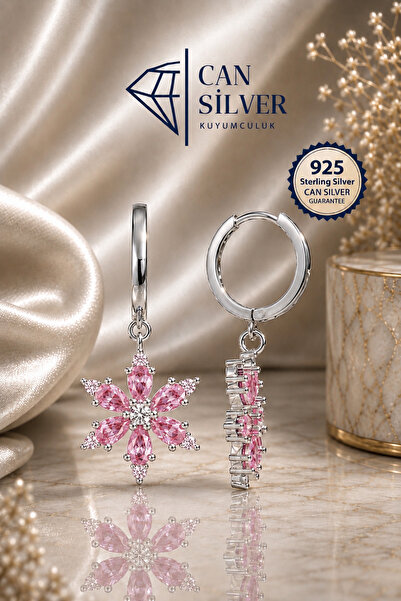 CAN SİLVER Pembe Taşlı Gümüş Manolya Çiçeği Kadın Küpe - 925 Ayar Gümüş Kapla...