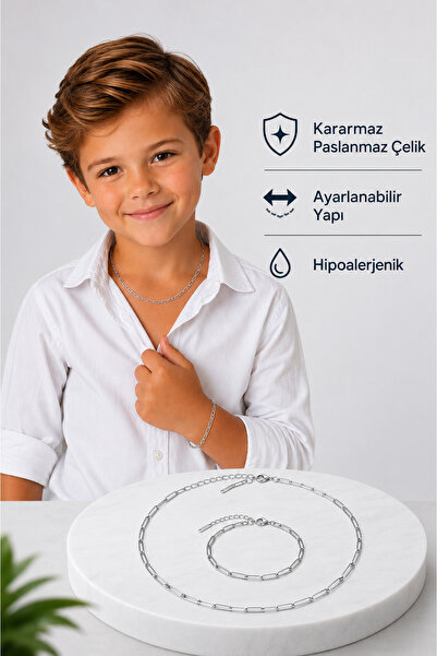 TWOGAN Erkek Çocuk Çelik Kolye Ve Bileklik Seti Ataç Model Unisex