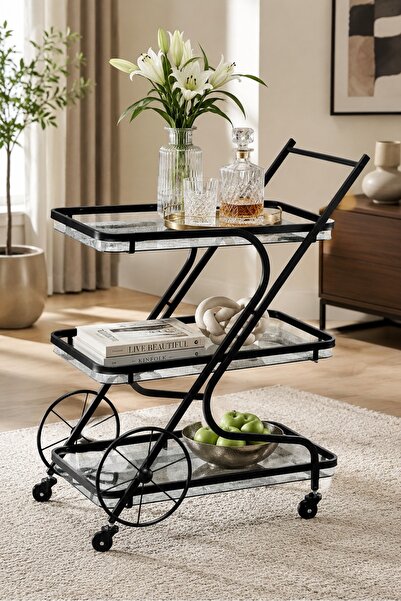 Generic New-Modern Serving and Entertaining Cart with 3 Grey Marble Shelves (...
