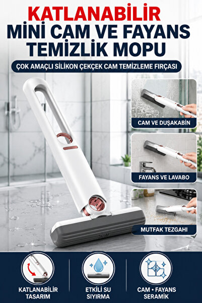 Hane Dostu Katlanabilir Mini Cam ve Fayans Temizlik Mopu – Çok Amaçlı Silikon...