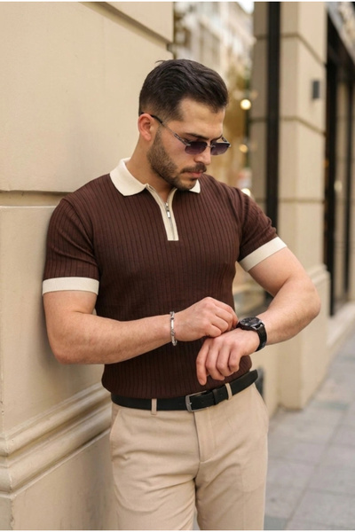 Beruflic Men's Collar and Sleeve Detailed Zipper Collar Stripe Pattern Short ...