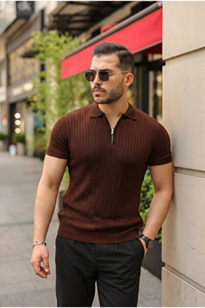 Beruflic Men's Knitted Pattern Zipper Collar Knitwear T-Shirt
