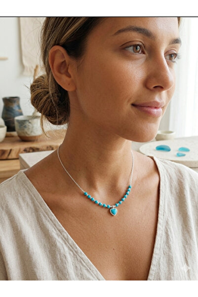 Atolye Ferda Minimal Heart Pendant Necklace with Steel Chain and Turquoise Na...