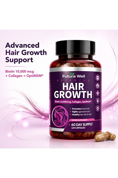 HCF Advanced Hair Growth Capsules with 10,000mcg Biotin, Collagen & OptiMSM, ...