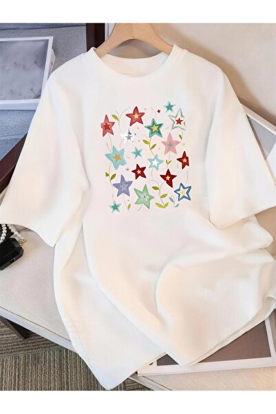 STITCHLY بلوزة نسائية أنيقة بأكمام قصيرة مع طباعة نجوم وأوراق ملونة، قماش خفي...