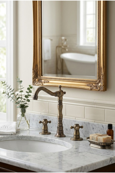 parkbanyo ANTİK LÜX RUSTİK KOÇ 3 DELİKLİ ANKASTRE LAVABO BATARYASI %100 PRİNÇ