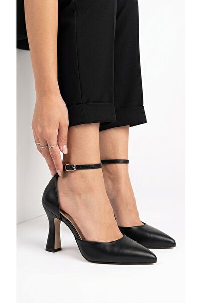 Eysha Oria Women's Black Leather Pointed Toe Ankle Strap Heeled Shoes 8 cm