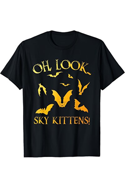 STITCHLY تي شيرت رجالي أسود مطبوع عليه "OH LOOK UP!" قطط السماء! تصميم الجناح...
