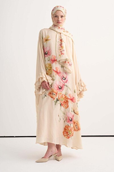 carell Blime Floral Ruffle Detailed Kaftan Beige