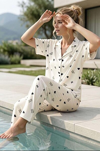 Relax Mode Kadın Milan Beyaz Kısa Kol Alt Uzun Gömlek Pijama Takım - 7515-14R