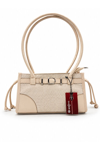 Sellini Linen Leather Detailed Rio Baguette Women's Shoulder Bag Cream