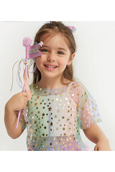 Le Mabelle Multicolored Star Printed Short Sleeve Girls' Tulle Crop