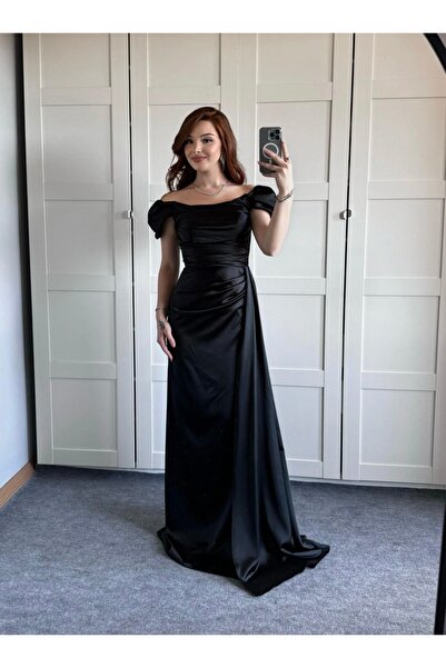 ayşenur Dinçer butik Balon Kol Saten Abiye Siyah