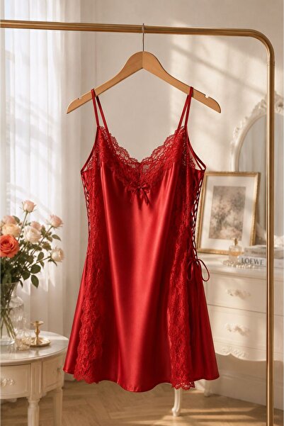 LİORA LİNGERİE TEKSTİL Ruby Lace Saten Babydoll Gecelik Kırmızı İp Askılı Dan...