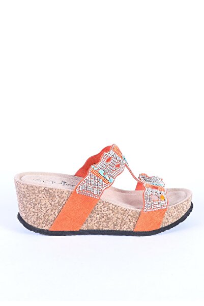 Guja Women's Imported Stone Detailed Wedge Heeled Anatomical Cork Sole Slippe...