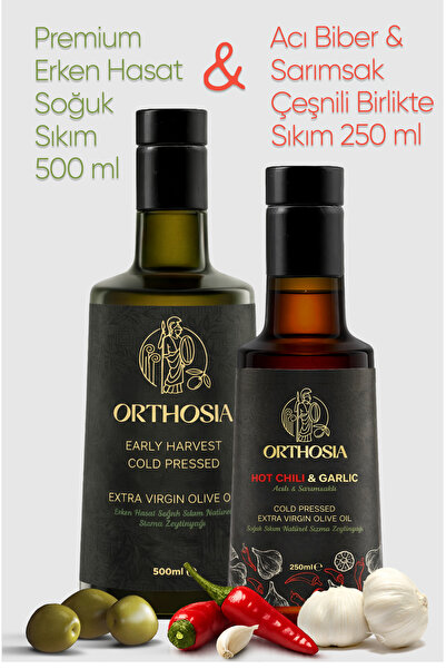 Premium Memecik Erken Hasat Soğuk Sıkım Natürel Sızma Zeytinyağı 500 ml & Acı& Sarımsak Çeşnili Soğuk Sıkım Natürel Sızma Zeytinyağı 250 ml 2'li Avantaj Paketi