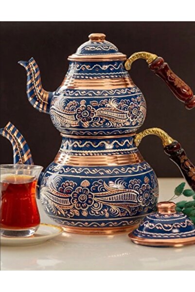 Genel Markalar Erzincan işlemeli bakır mavi renkli çaydanlık takımı - 1 set (...