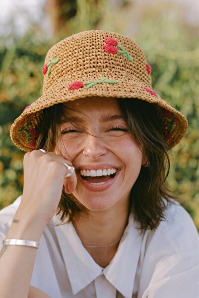 The Champ Clothing Women's Straw Bucket Hat Rosalia Bloom with Red Flower Det...
