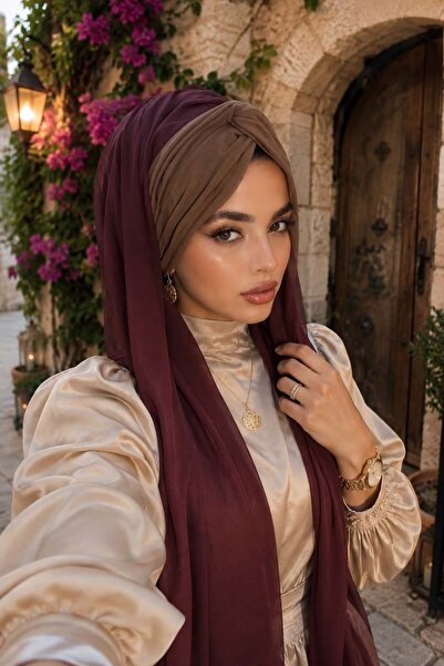Aişe tesettür Burgundy Mink Twist Ready Shawl