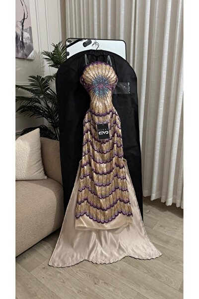 FASHION 3D Full Sequined Shiny Colorful Fish Scale Design Gold and Purple Eve...