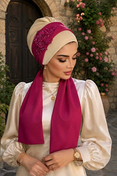 Aişe tesettür Ecru Cherry Embroidered Shawl Evening Dress Bonnet