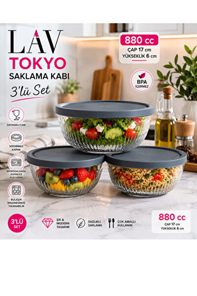 LAV Tokyo Glass Storage Container Set of 3 880 Cc Gray Lid Bpa Free Salad Bow...
