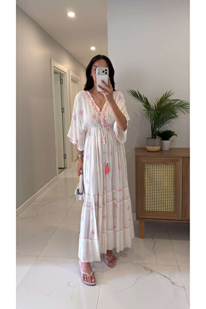 BİRCANÇİL Fira Ecru Pink Embroidered Lined Dress