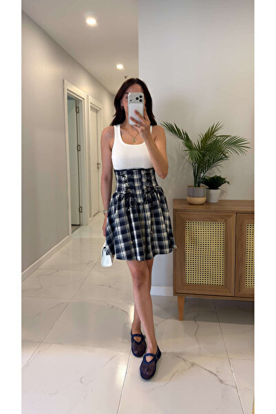 BİRCANÇİL Edra Navy Blue Gingham Detailed Camisole Dress