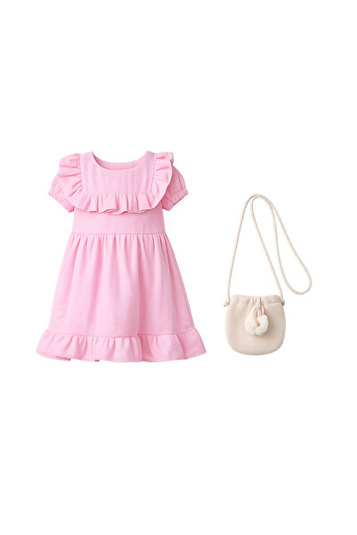 KÜÇÜK TERZİ Girl's Ruffle Detailed Dress with Bag Summer 100% Cotton Muslin L...