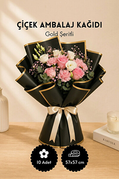 Bimotif 10lu Gold Şeritli Çiçek Ambalaj Kağıt Seti 57x57cm, Siyah (Çiçek Buke...