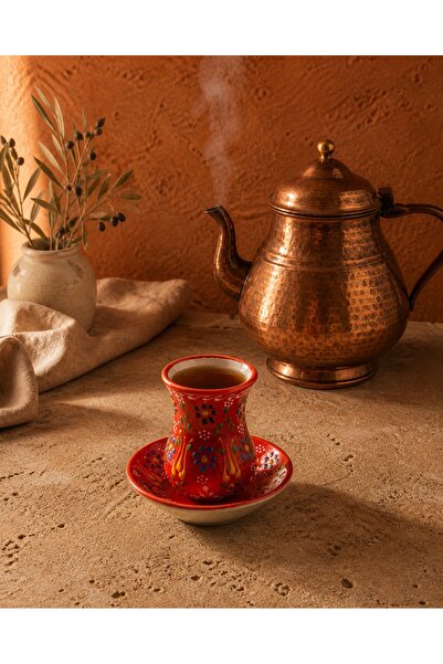 TERRATURKA El Yapımı Seramik Çay Bardağı Takımı 6 Kişilik 12 Parça Renkli