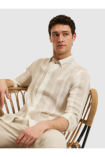Cacharel Beige Regular Fit 100% Linen Collared Buttoned Striped Shirt 5032616...